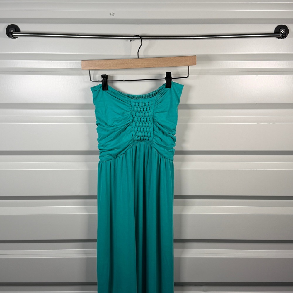 Bel Kazan‎ Teal Green Strapless Maxi Dress Woven Lattice Bodice Smocked Back S